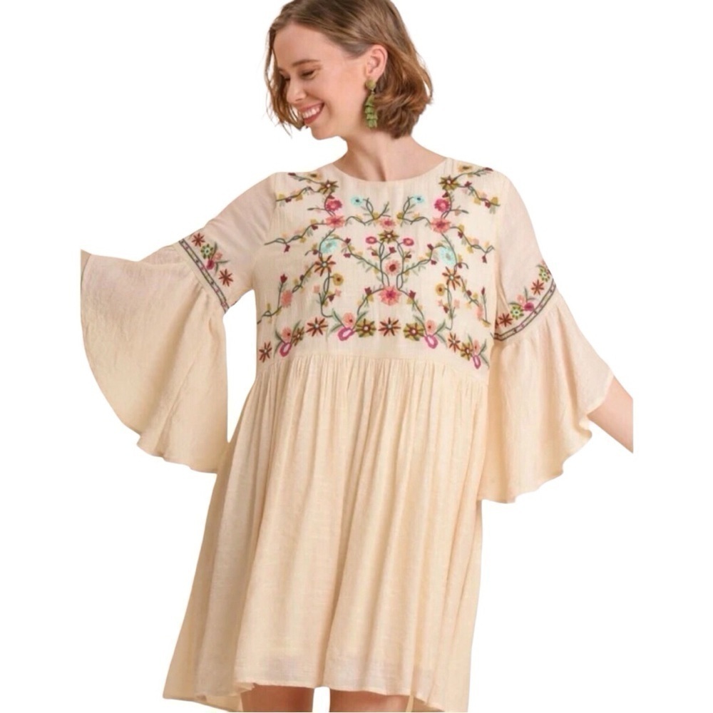 Umgee Women’s Boho Dress Crinkle Babydoll Embroidered Bell Sleeve Size-S EUC